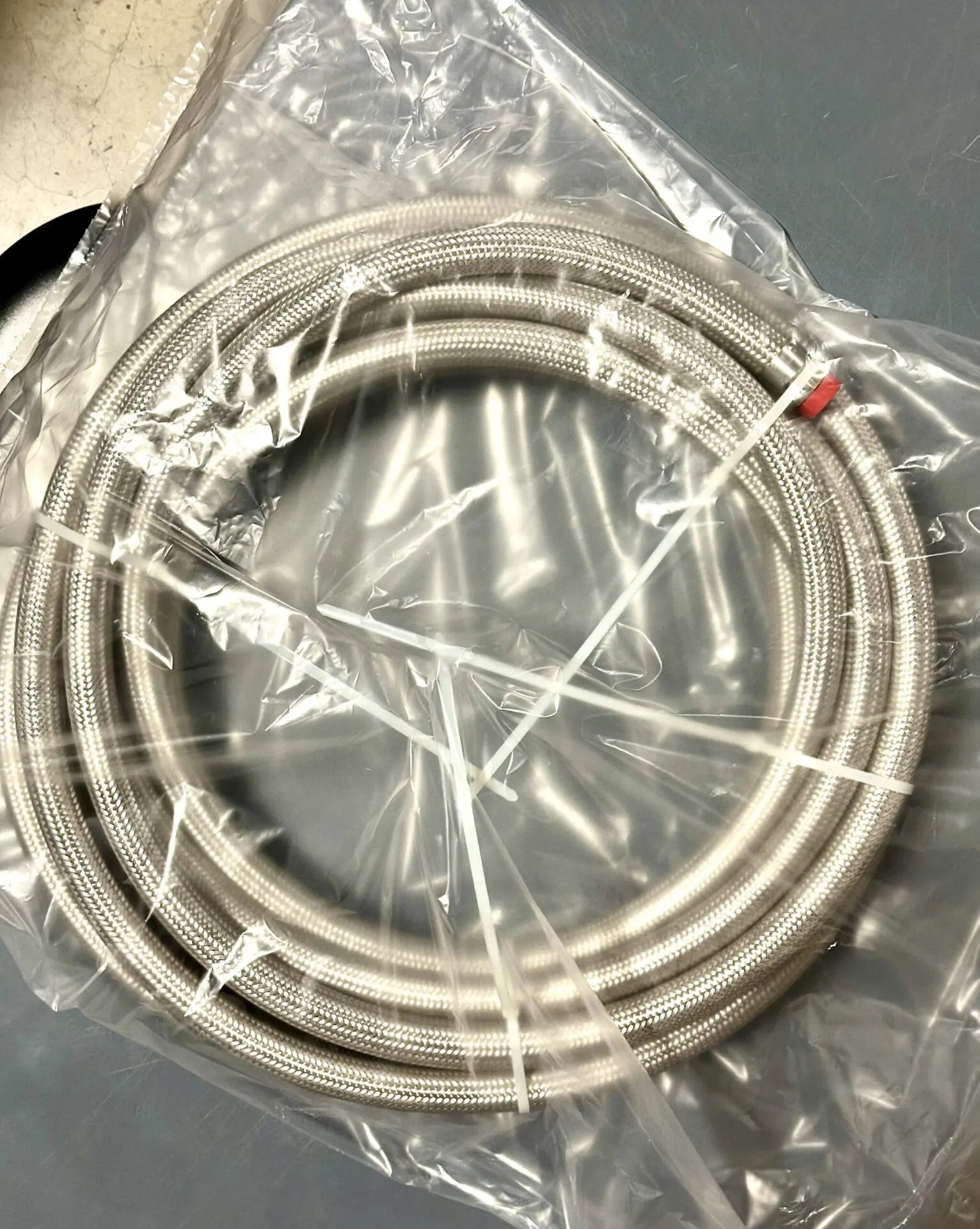 Clean ID CL3 metal hose assembly tested, tagged, bagged and ready for shipment.