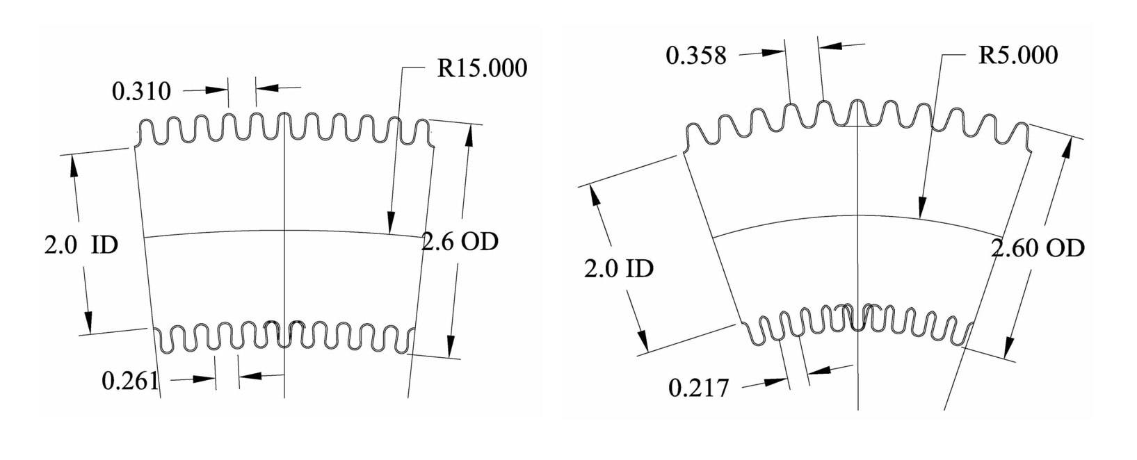 2 inch hose bending in 5 and 15 inch radius