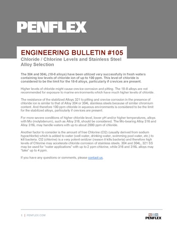 Thumbnail for engineering bulletin 105 about maximum chloride/chlorine levels for stainless steel hoses.