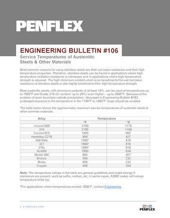 Thumbnail for engineering bulletin 106 about service temperatures for austenitic stainless steels and other materials.