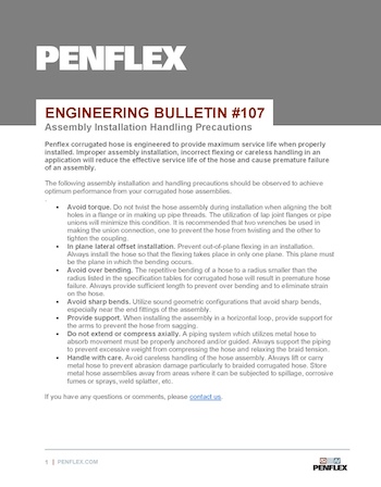 Thumbnail for engineering bulletin 107 about proper metal hose assembly installation.