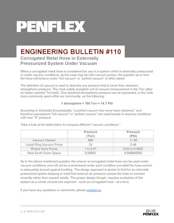 Thumbnail for engineering bulletin 110 about corrugated metal hose in an externally pressurized system under vacuum.