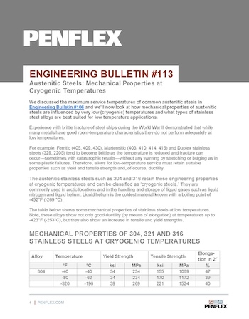 Thumbnail for engineering bulletin 113 about mechanical properties of austenitic stainless steels at cryogenic temperatures.