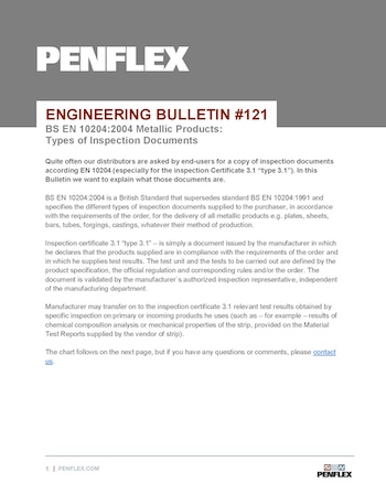 Thumbnail for engineering bulletin 121 on BS EN 10204:2004 inspection documents.