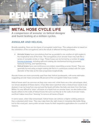 Thumbnail for engineering bulletin 143 about a Penflex test comparing the cycle life of annular and helical hose.