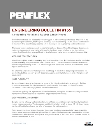 Thumbnail for engineering bulletin 155 about metal versus rubber lance hoses for use in steel mills.