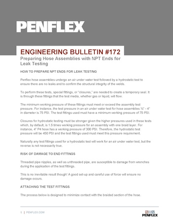 Thumbnail for engineering bulletin 172 about preparing hose assemblies with NPT ends for leak testing.