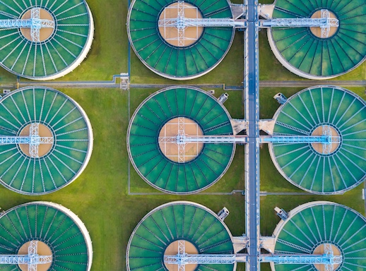 Aerial view of a water treatment facility.