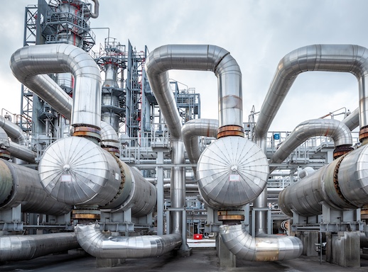 heat exchanger at an oil refinery, large size, daylight. Deep processing of oil